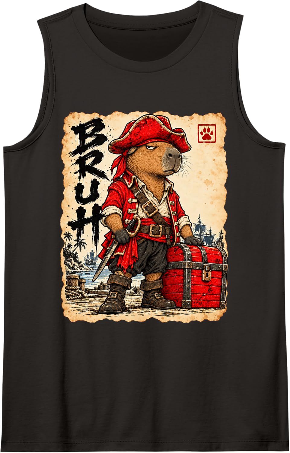 Pirate Bruh Anime Kawaii Otaku Japanese Art Pirate Capybara Sleeveless Tank Top - Black