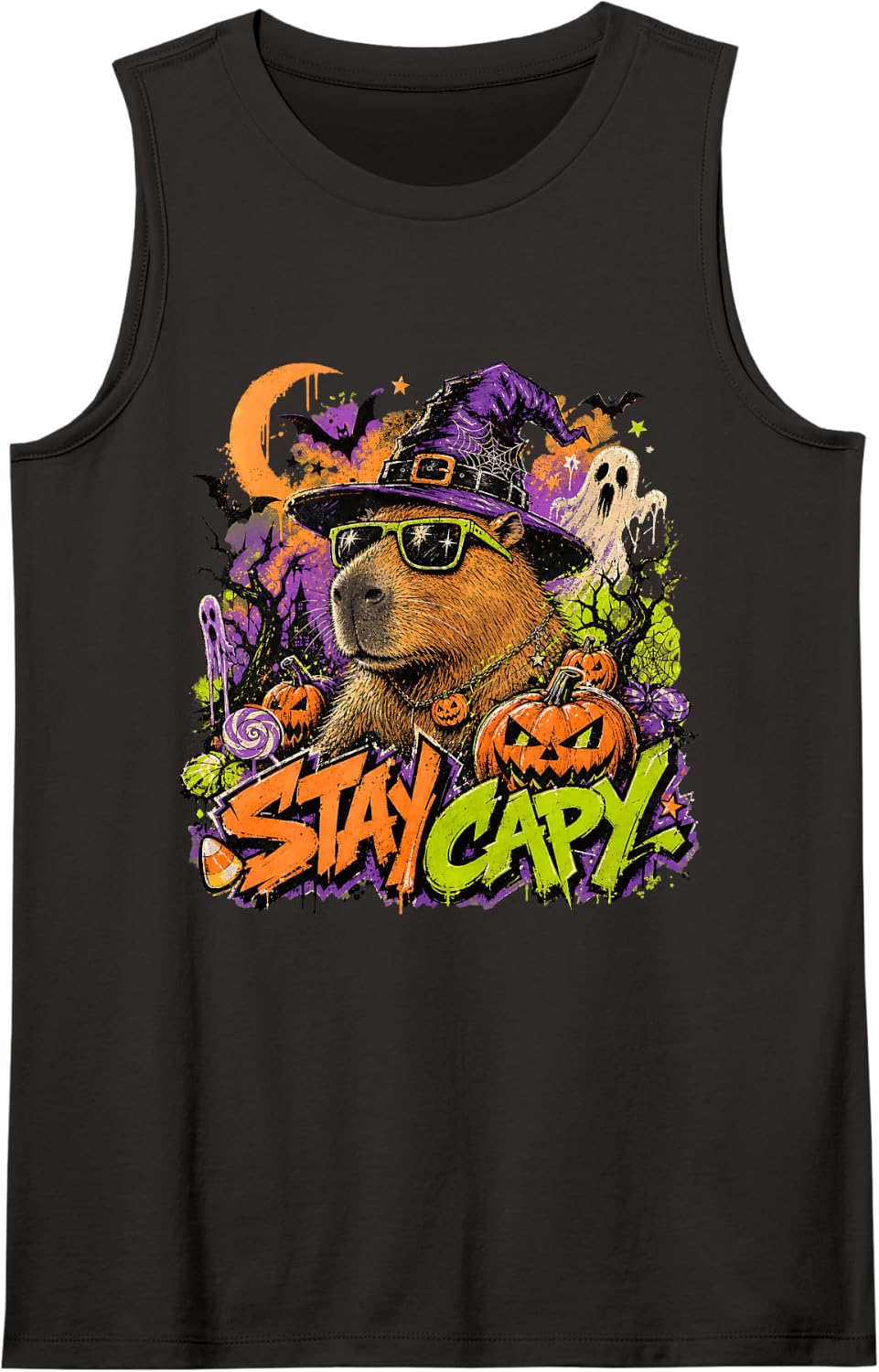 Stay Capy Funny Halloween Capybara Graphic Sleeveless Tank Top - Black