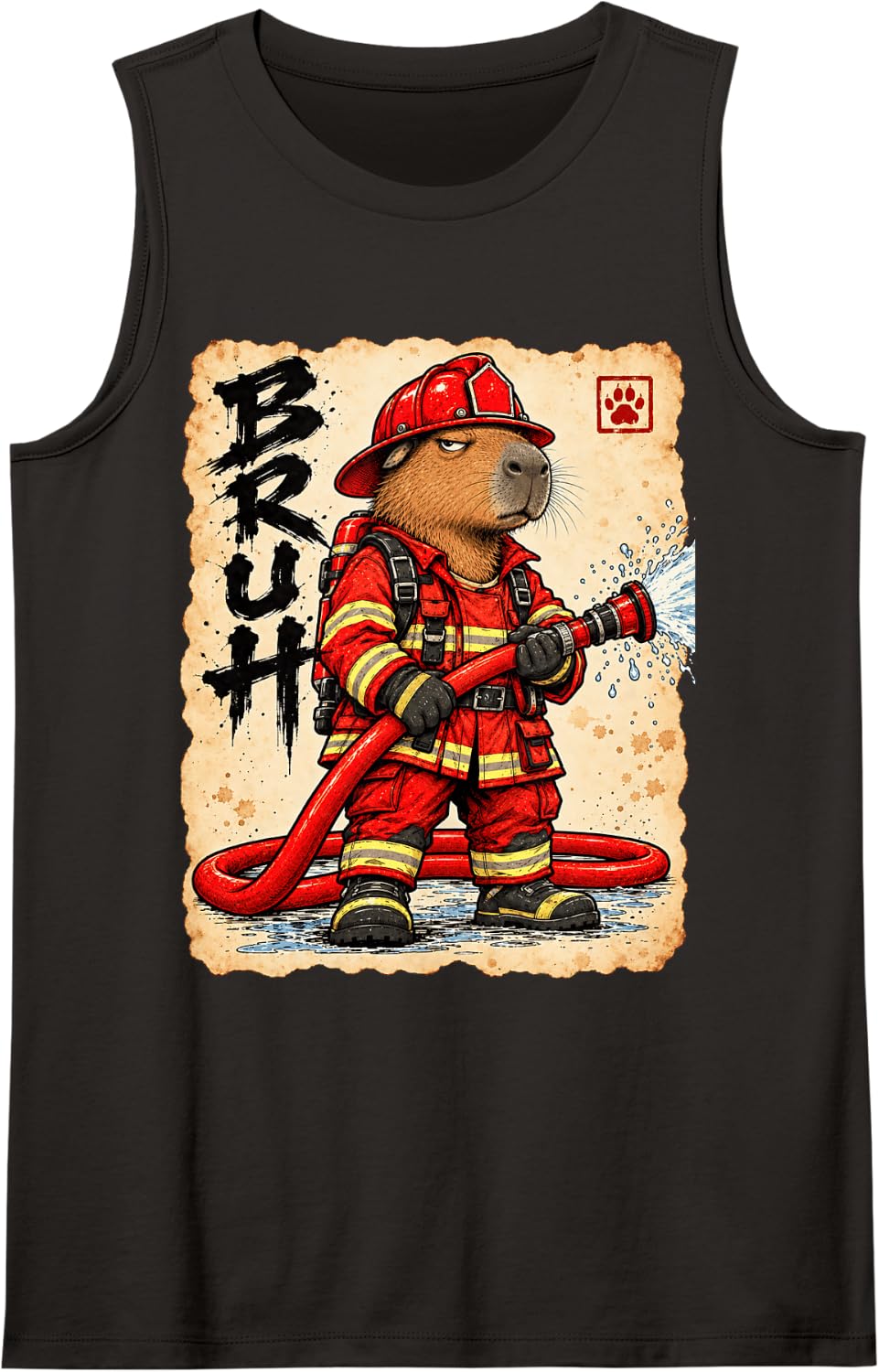 Fire Brigade Bruh Anime Kawaii Otaku Japanese Retro Capybara Sleeveless Tank Top - Black