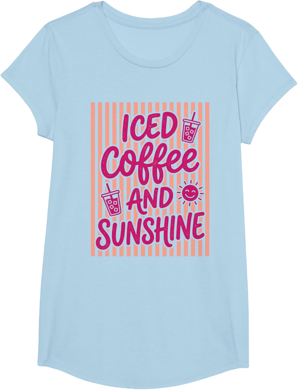 Tees Summer Coffee Lover T Shirts Pastel Stripes - Girls Baby Blue