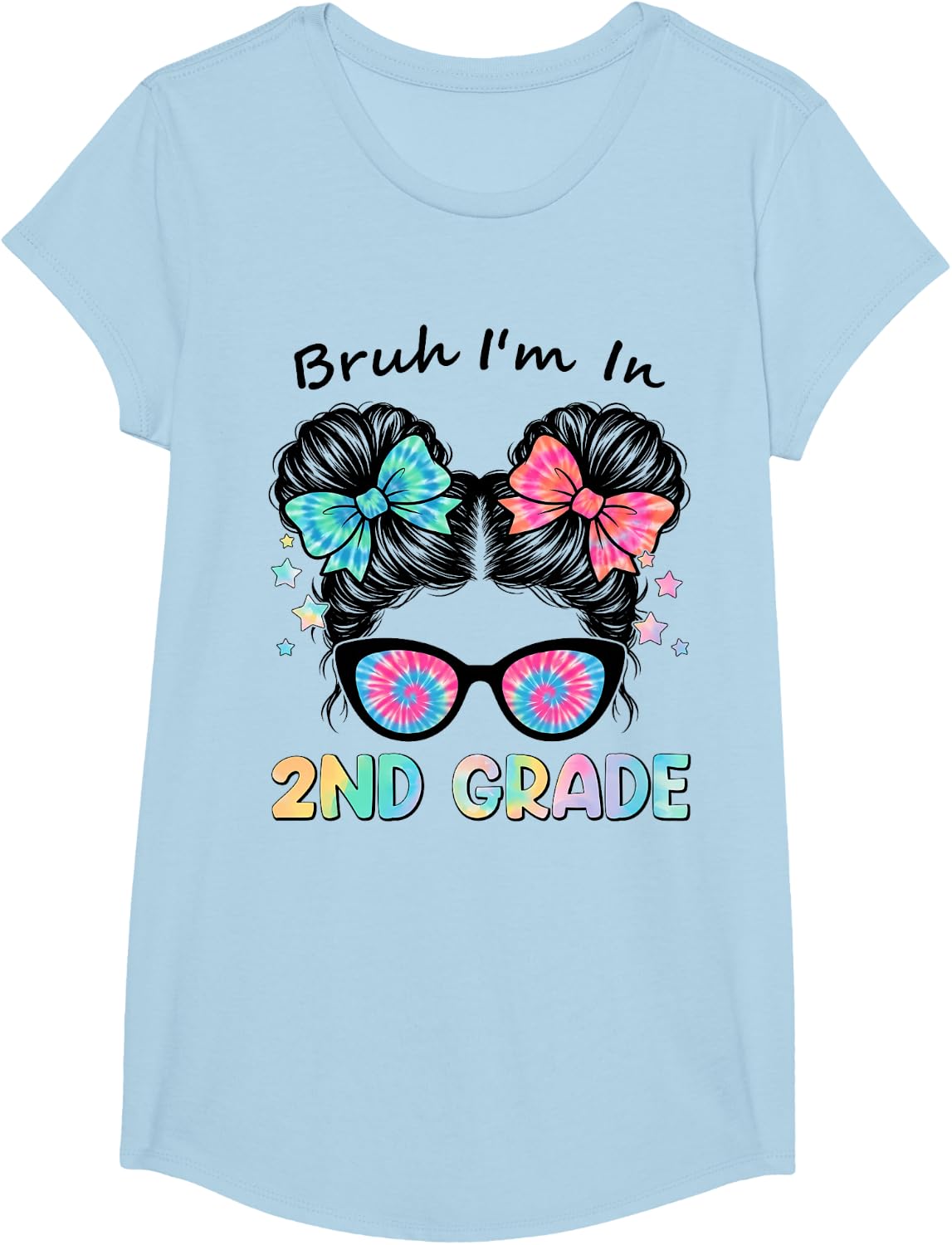 Back to School First Day Bruh Second 2nd Grade Messy Bun Kid T-Shirt - Girls Baby Blue