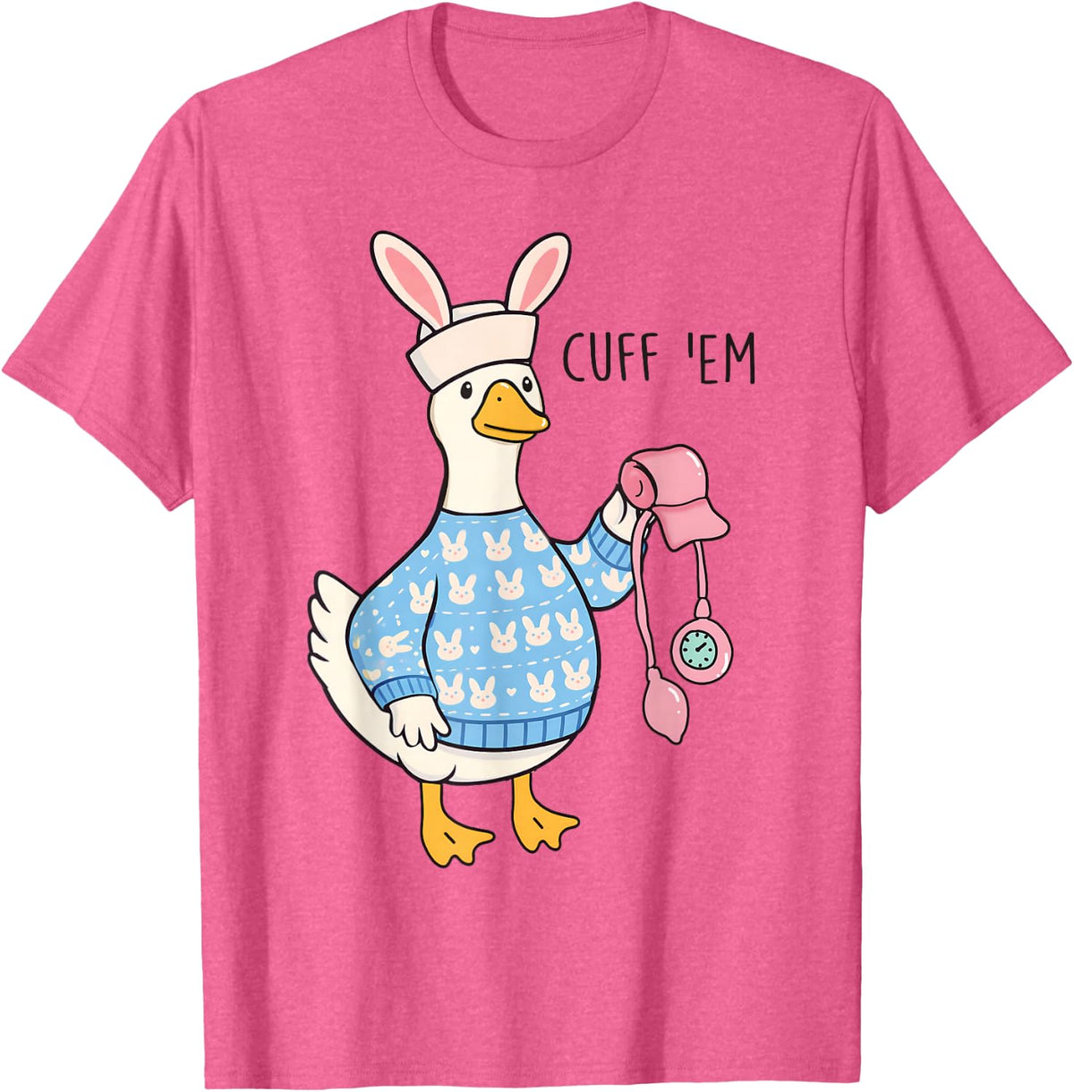 Cute Easter Duck Nurse Wearing Bunny Hat Funny Medical Art T-Shirt - Pink Heather