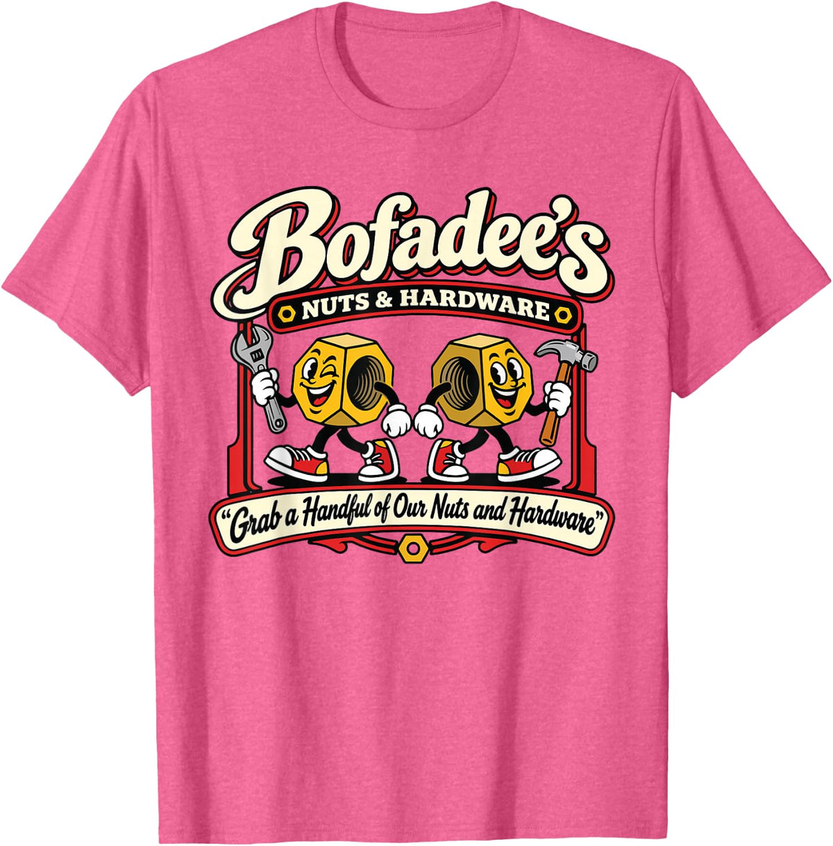 Bofadees Nuts and Hardware Retro Mechanic Vintage Cartoon T-Shirt - Pink Heather