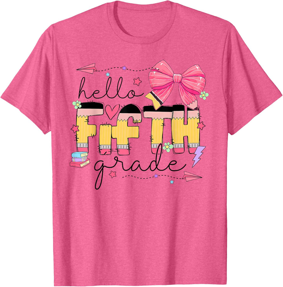 Back To School Hello Fifth Grade Teacher Coquette Pencil Bow T-Shirt - Pink Heather