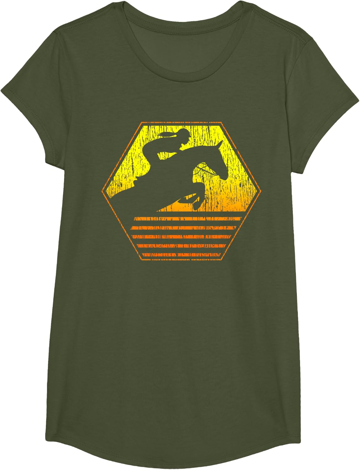 Show Jumping Retro Vintage Equestrian Horse T-Shirt - Girls Olive Green