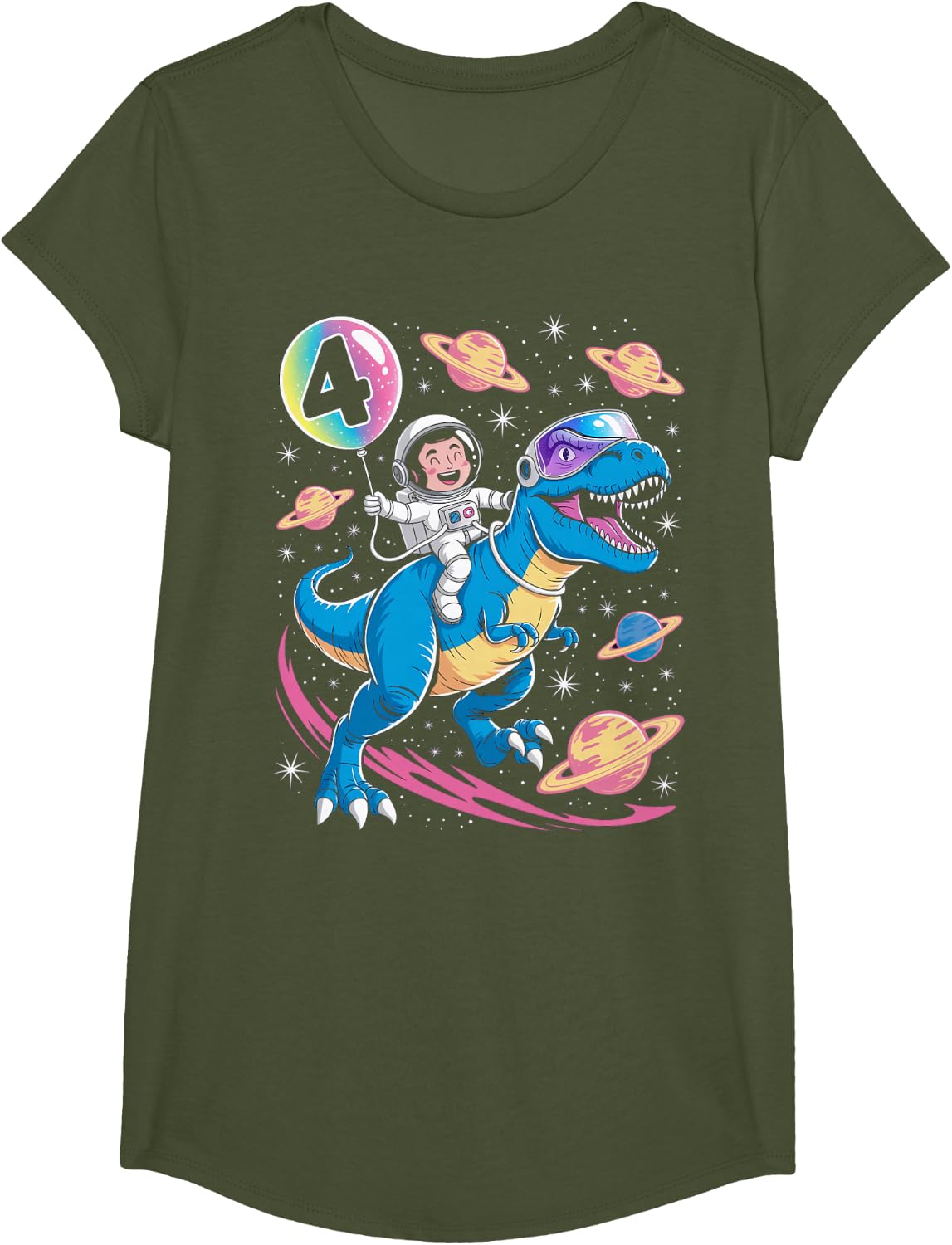 Astronaut Trex Dinosaur 4 Years Old Space Kids 4th Birthday Tee T-Shirt - Girls Olive Green