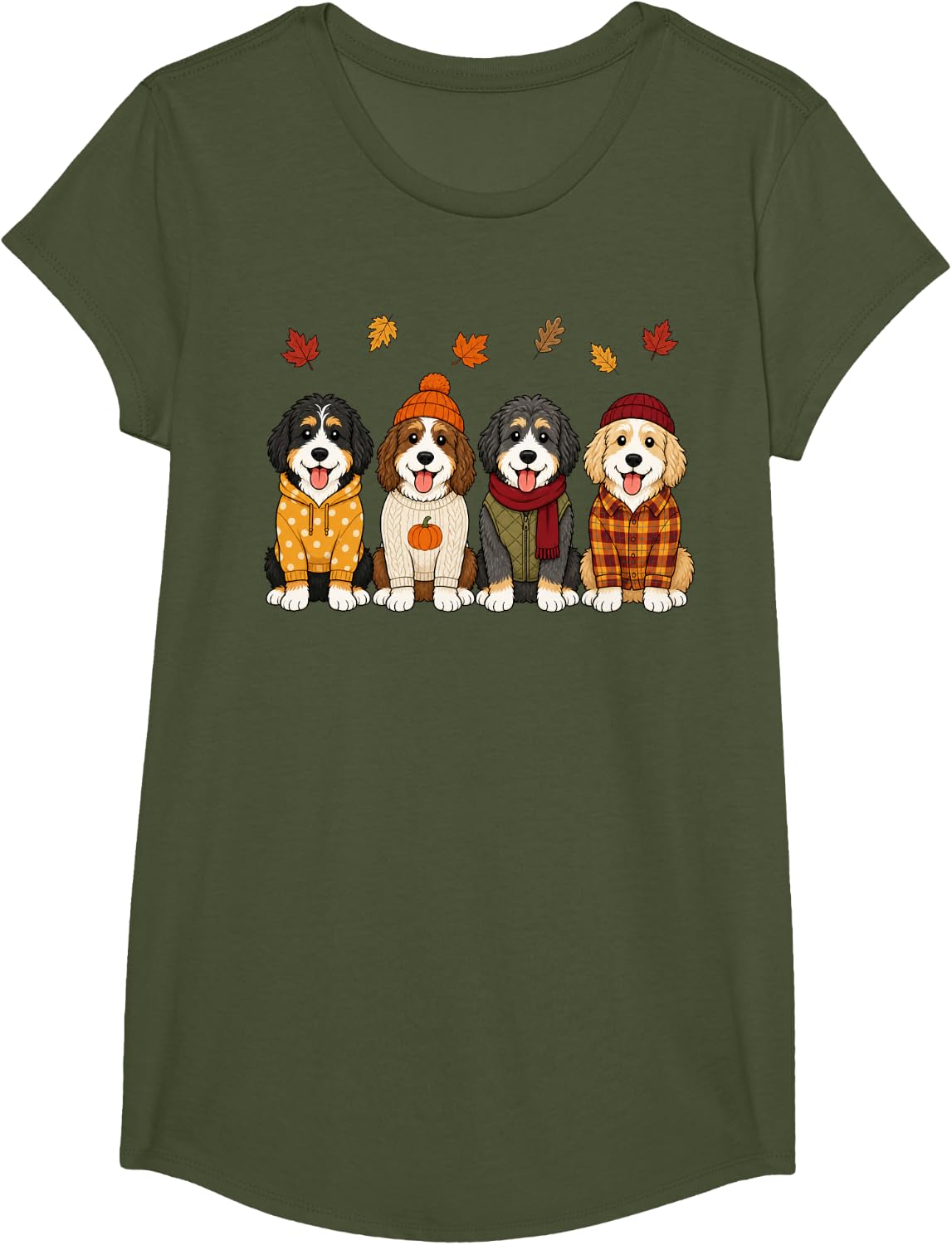 Bernedoodle Fall Autumn Season Doodle Dog Pumpkin T-Shirt - Girls Olive Green