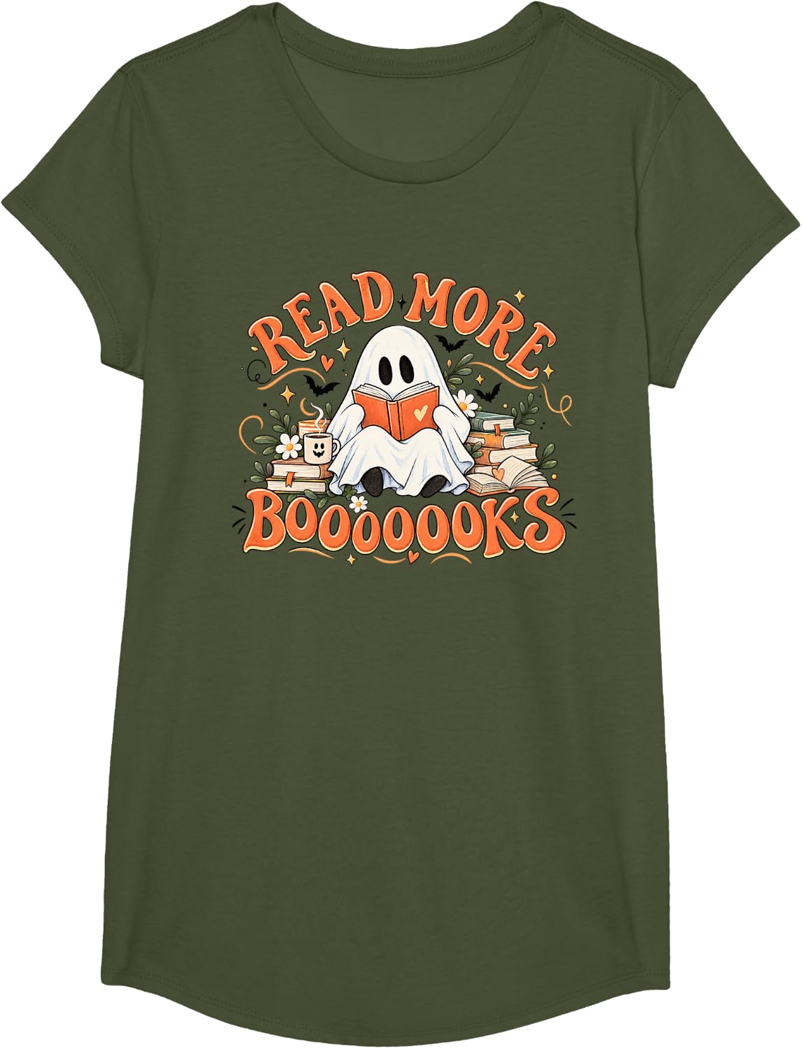 Read More Books Ghost Halloween Teacher Graphic T-Shirt - Girls Olive Green