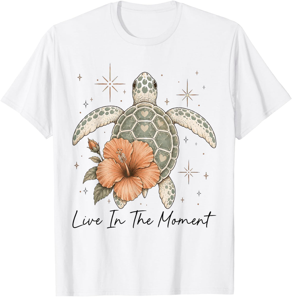Boho Sea Turtle Hibiscus Flower Live in The Moment Summer T-Shirt - White