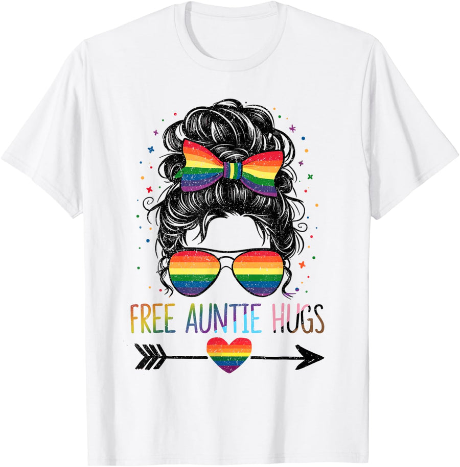 Free Auntie Hugs, LGBT Gay Lesbian Pride Month Rainbow Flag T-Shirt - White