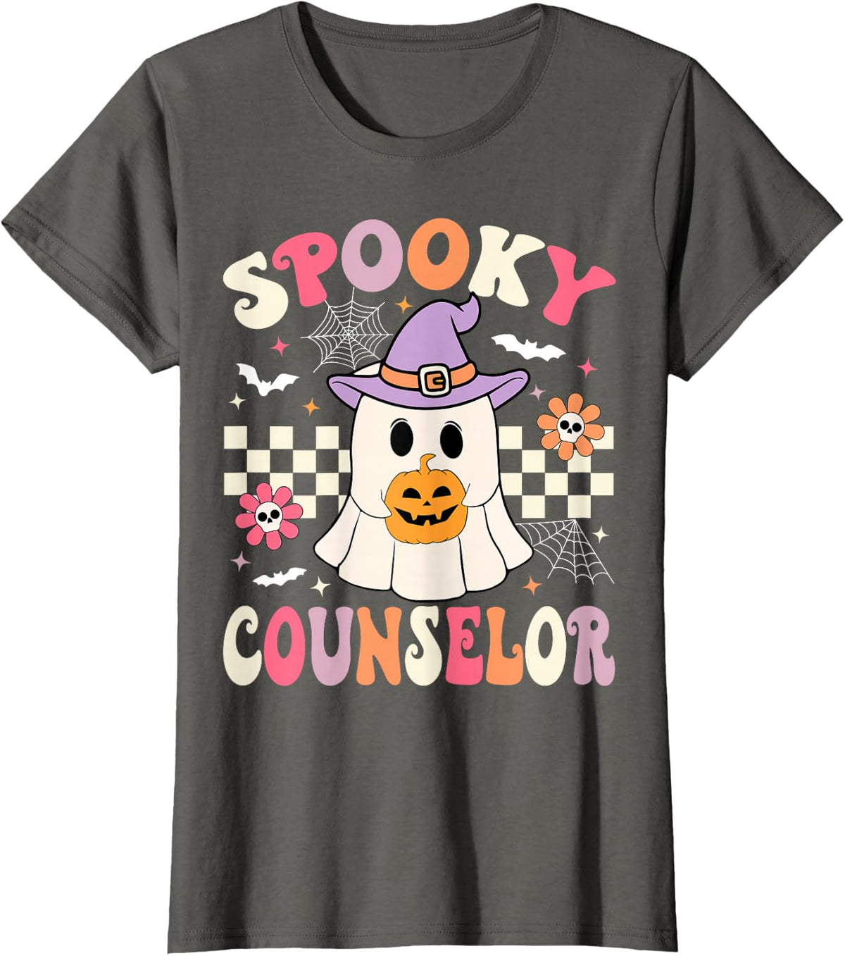 Spooky Counselor Halloween Groovy Counselor Ghost Halloween T-Shirt - Asphalt Grey
