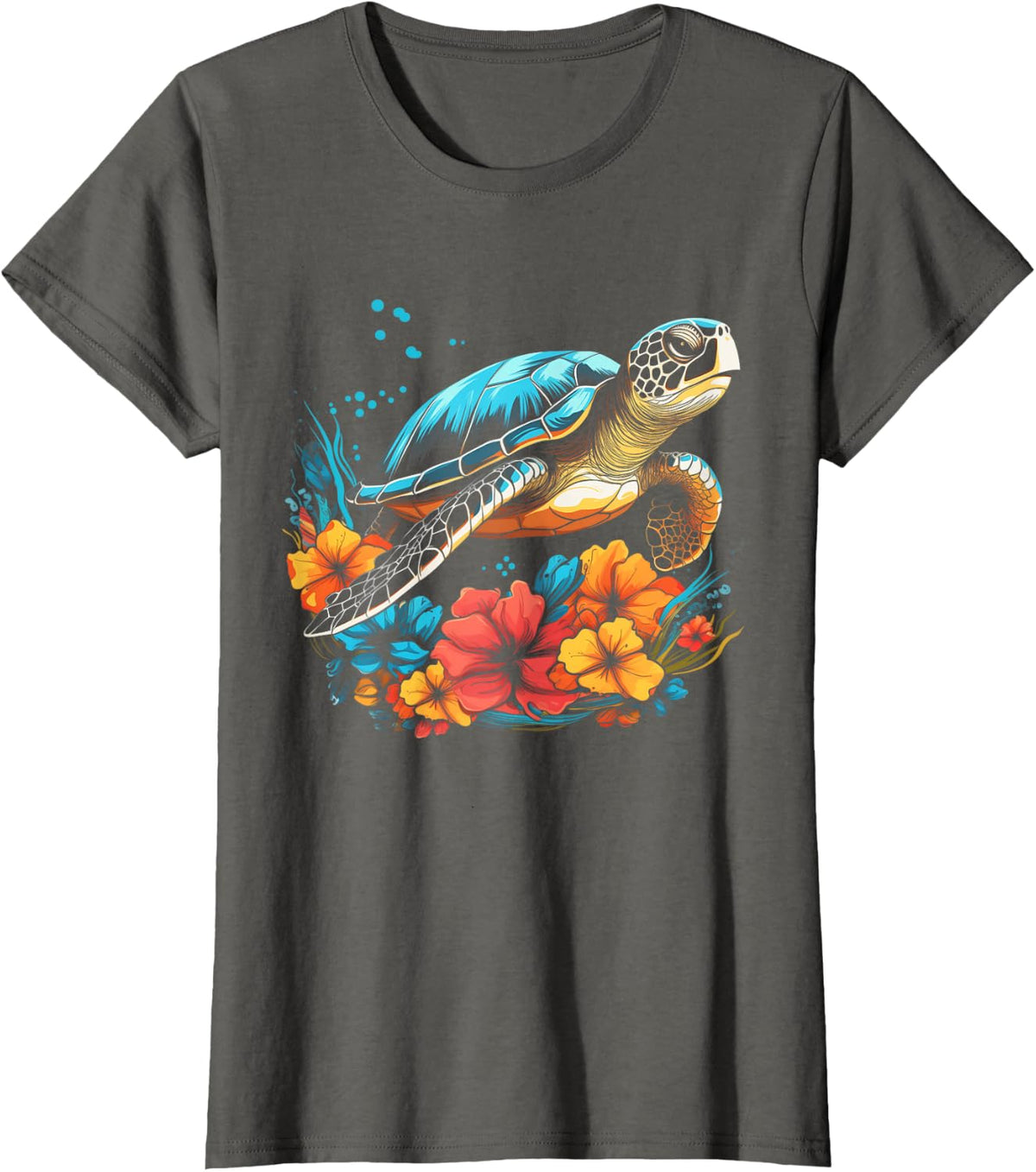 Sea Turtle Hawaiian Flowers Hawaii Diver T-Shirt - Asphalt Grey