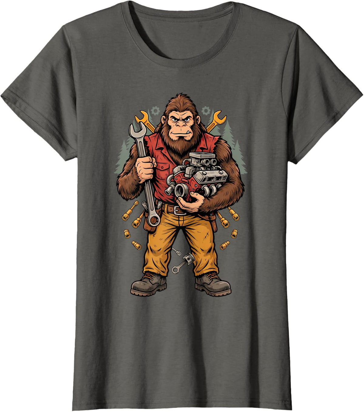 Funny Mechanic Bigfoot Sasquatch Engine Car Repair T-Shirt - Asphalt Grey