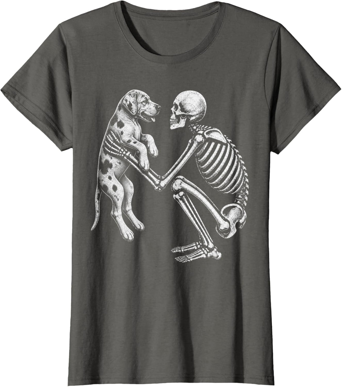 Skeleton Holding Great Dane Retro Halloween Dog T-Shirt - Asphalt Grey