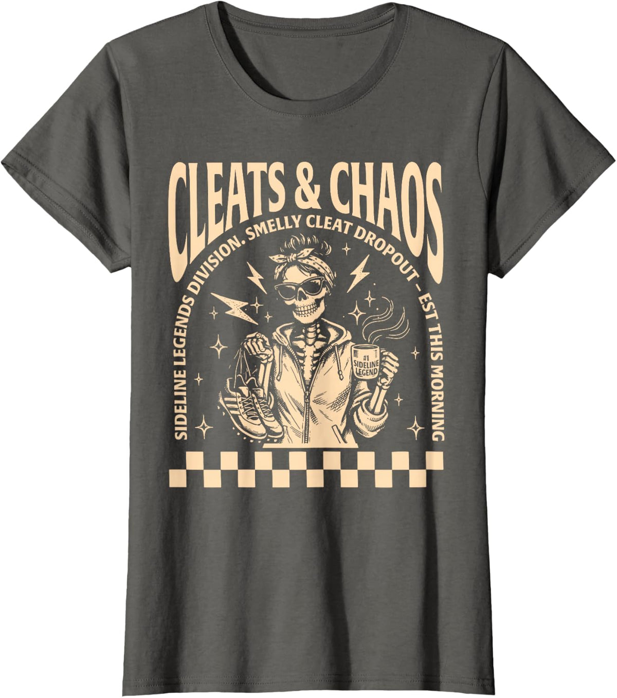 Retro Cleats & Chaos Skeleton Soccer Mom Funny Sports Mama T-Shirt - Asphalt Grey