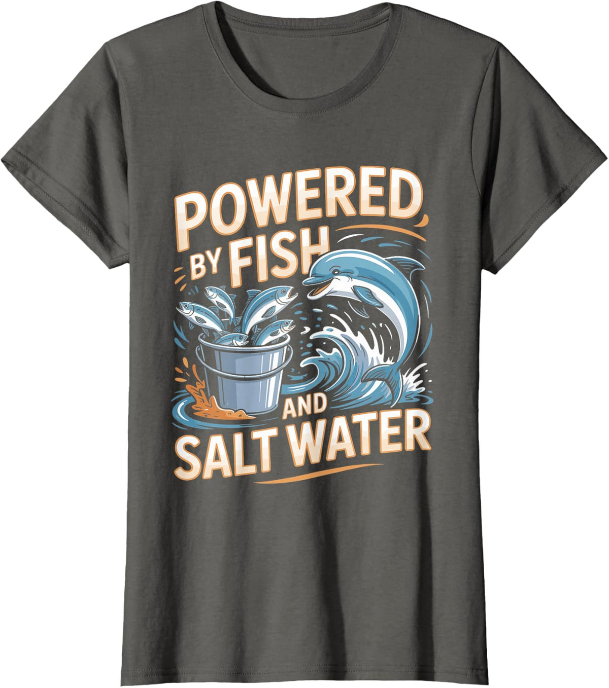 Powered by Fish and Salt Water Marine Mammal Trainer Dolphin T-Shirt - Asphalt Grey