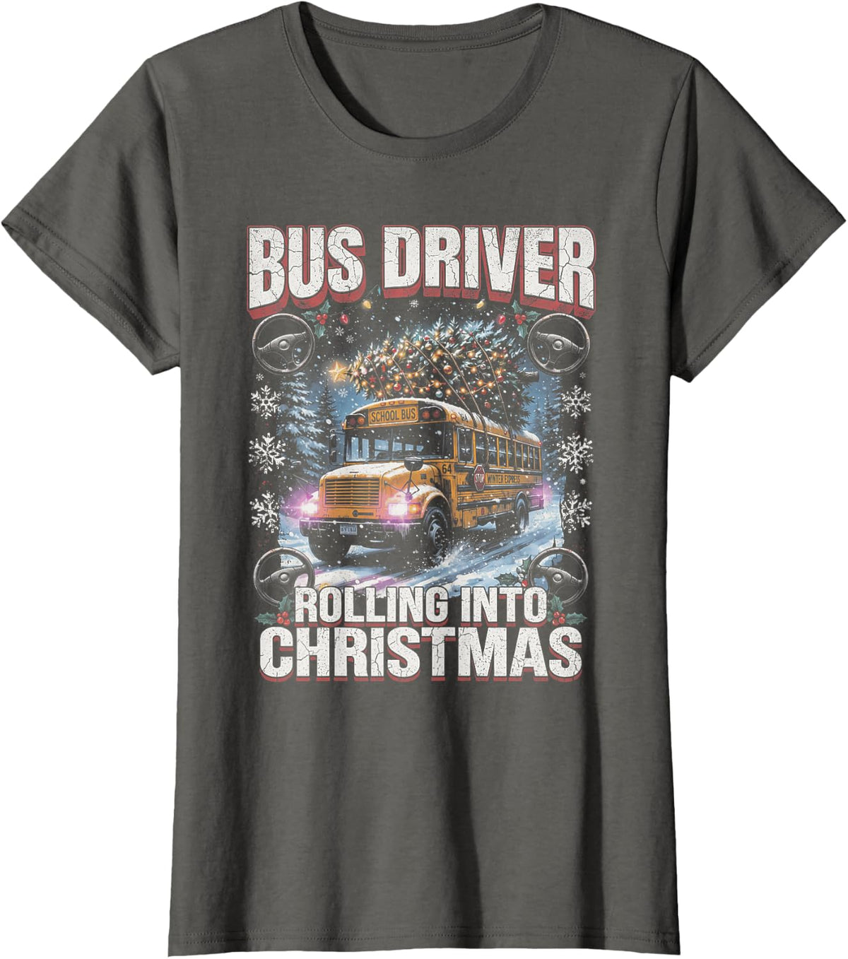 Bus Driver Christmas Tree 90s Vintage Bootleg Rolling Art T-Shirt - Asphalt Grey