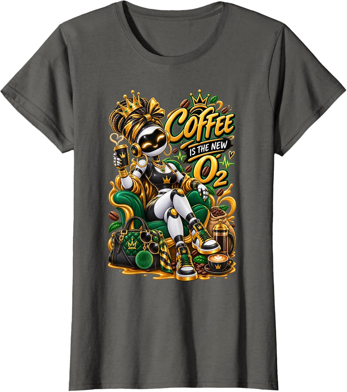 Coffee is The New O2 Funny Coffee Lover Robot Queen T-Shirt - Asphalt Grey