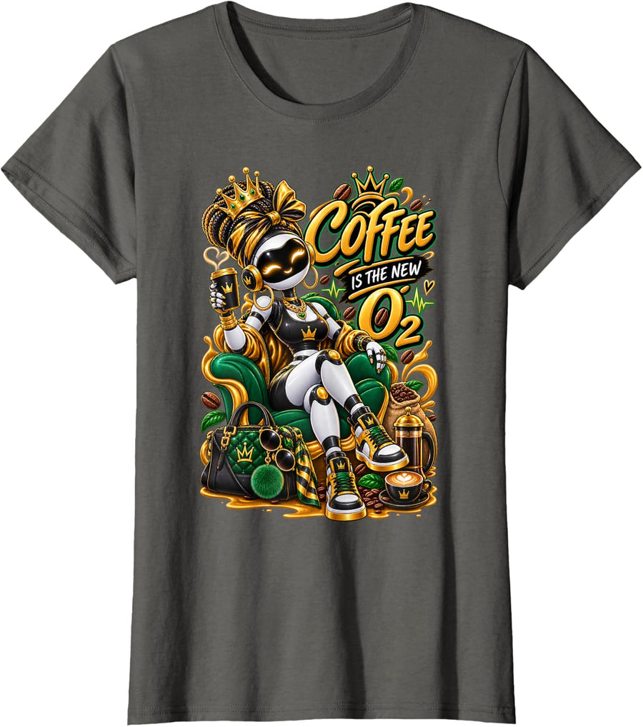 Coffee is The New O2 Funny Coffee Lover Robot Queen T-Shirt - Asphalt Grey