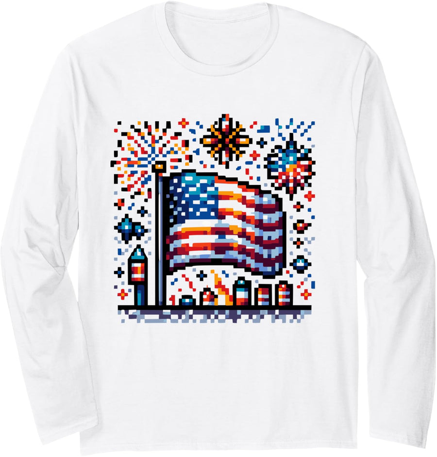 USA Flag 8-Bit Pixel Art - Patriotic American Flag Fireworks Long Sleeve T-Shirt - Adult Unisex White