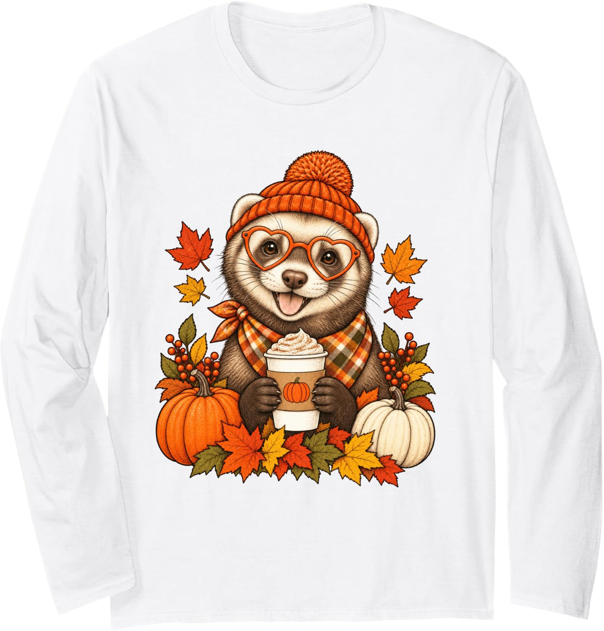 Ferret Fall Autumn Season Pumpkin Spice Long Sleeve T-Shirt - Adult Unisex White