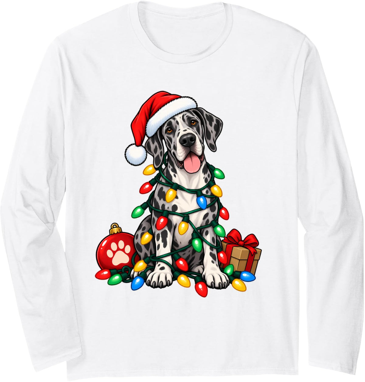 Santa Great Dane Christmas Lights Funny Dog Lover Xmas Long Sleeve T-Shirt - Adult Unisex White