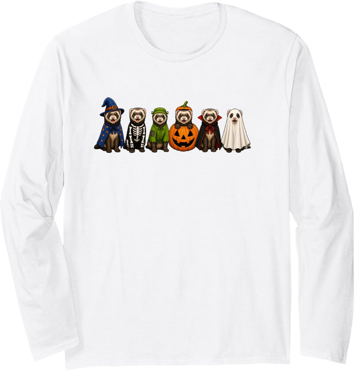 Halloween Ferret Costume Spooky Pumpkin Vampire Ghost Long Sleeve T-Shirt - Adult Unisex White