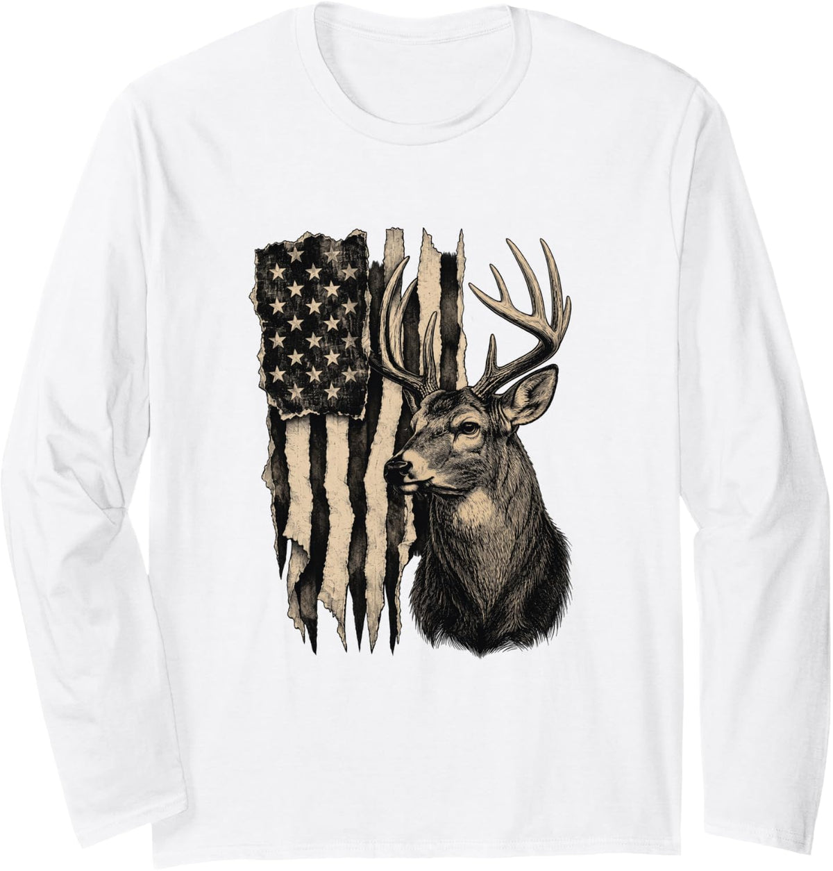 Camo American Flag Deer Hunting Long Sleeve T-Shirt - Adult Unisex White