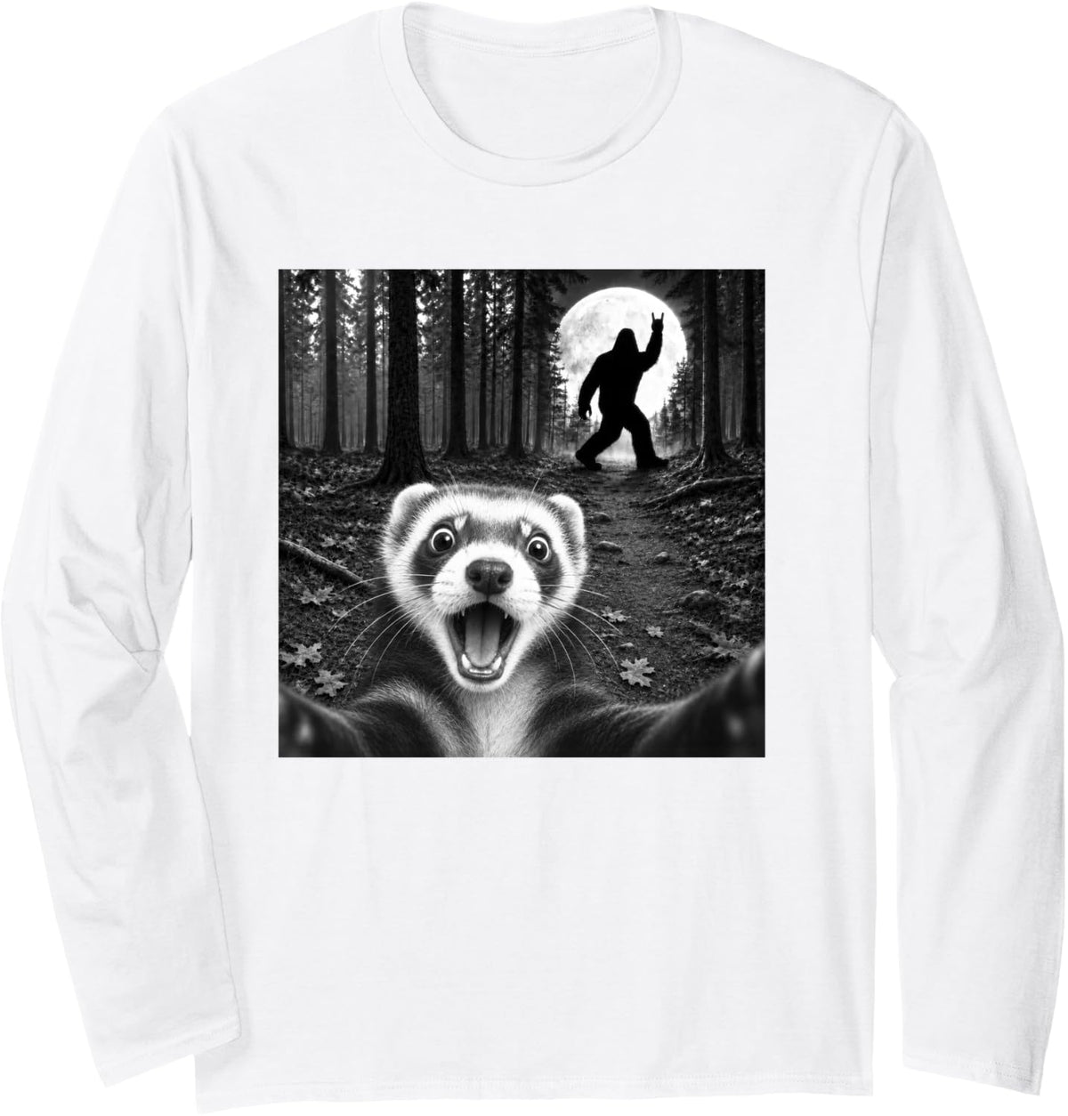Ferret Selfie with Bigfoot Rock and Roll Sasquatch Long Sleeve T-Shirt - Adult Unisex White