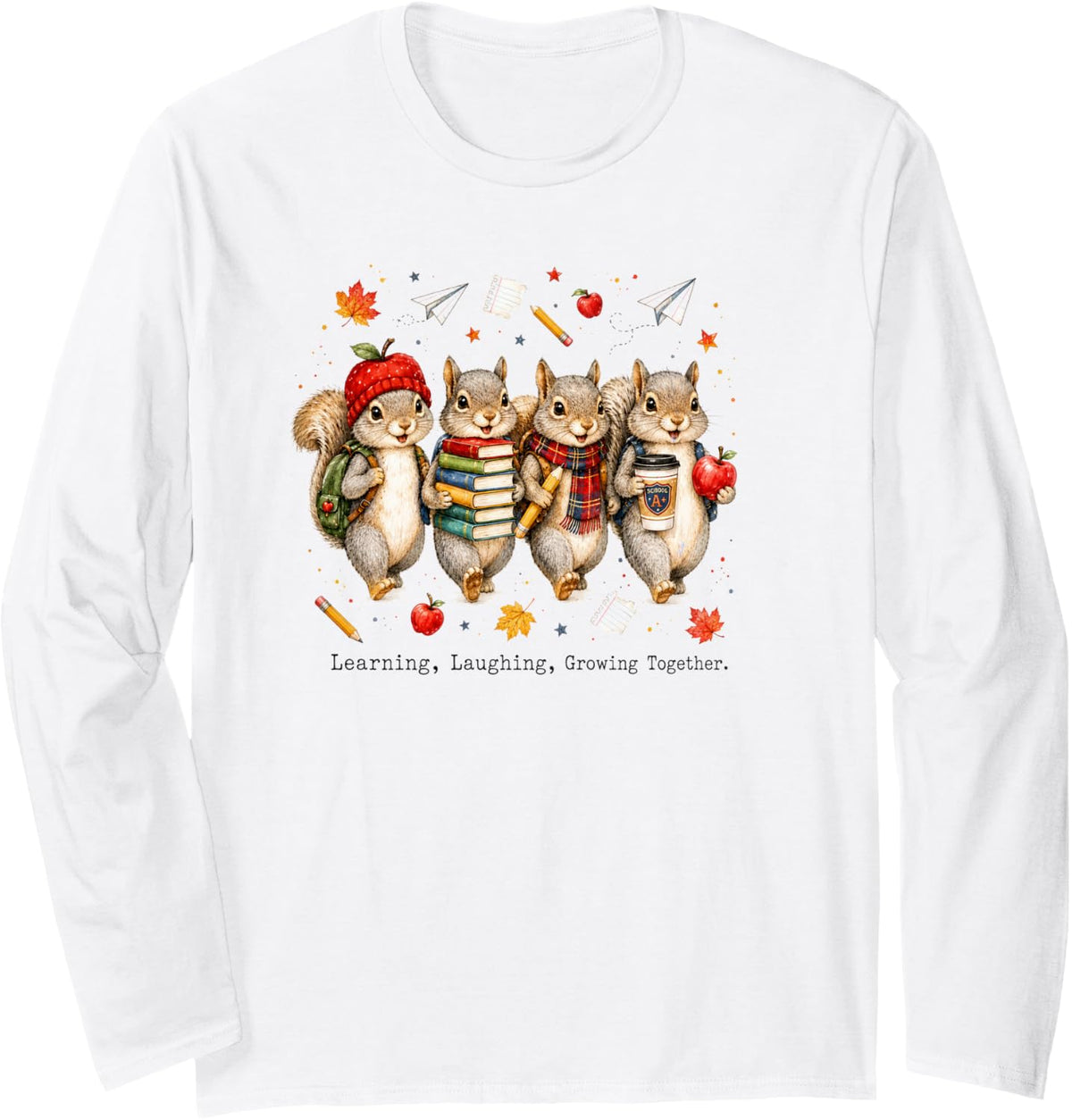 Back to School Squirrel Squad Autumn Fall Classroom Design Long Sleeve T-Shirt - Adult Unisex White