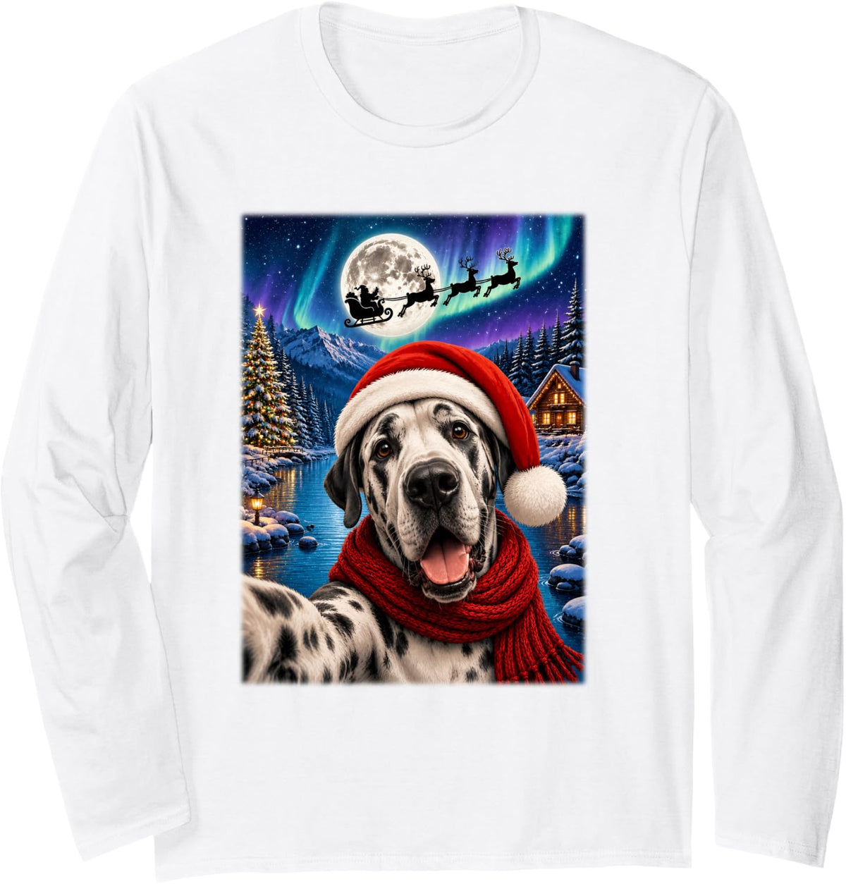 Great Dane Dog Christmas Selfie Moon Night Santa Sleigh Xmas Long Sleeve T-Shirt - Adult Unisex White