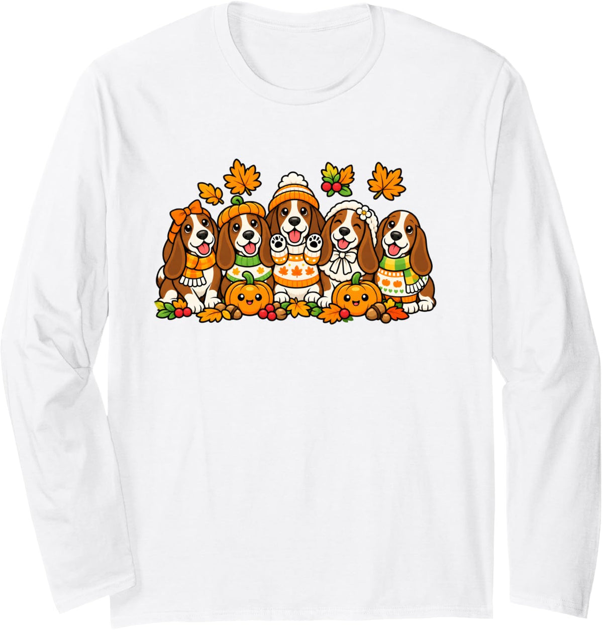 Cute Basset Hound Dog Pumpkin Coffee Fall Autumn Halloween Long Sleeve T-Shirt - Adult Unisex White