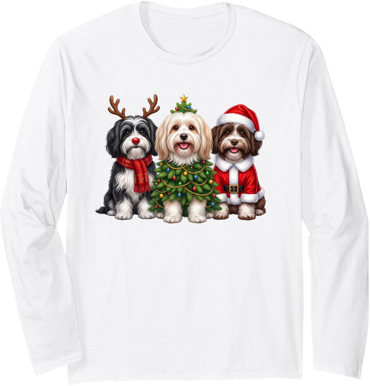 Retro Christmas Havanese Santa Reindeer Dog Lover Long Sleeve T-Shirt - Adult Unisex White