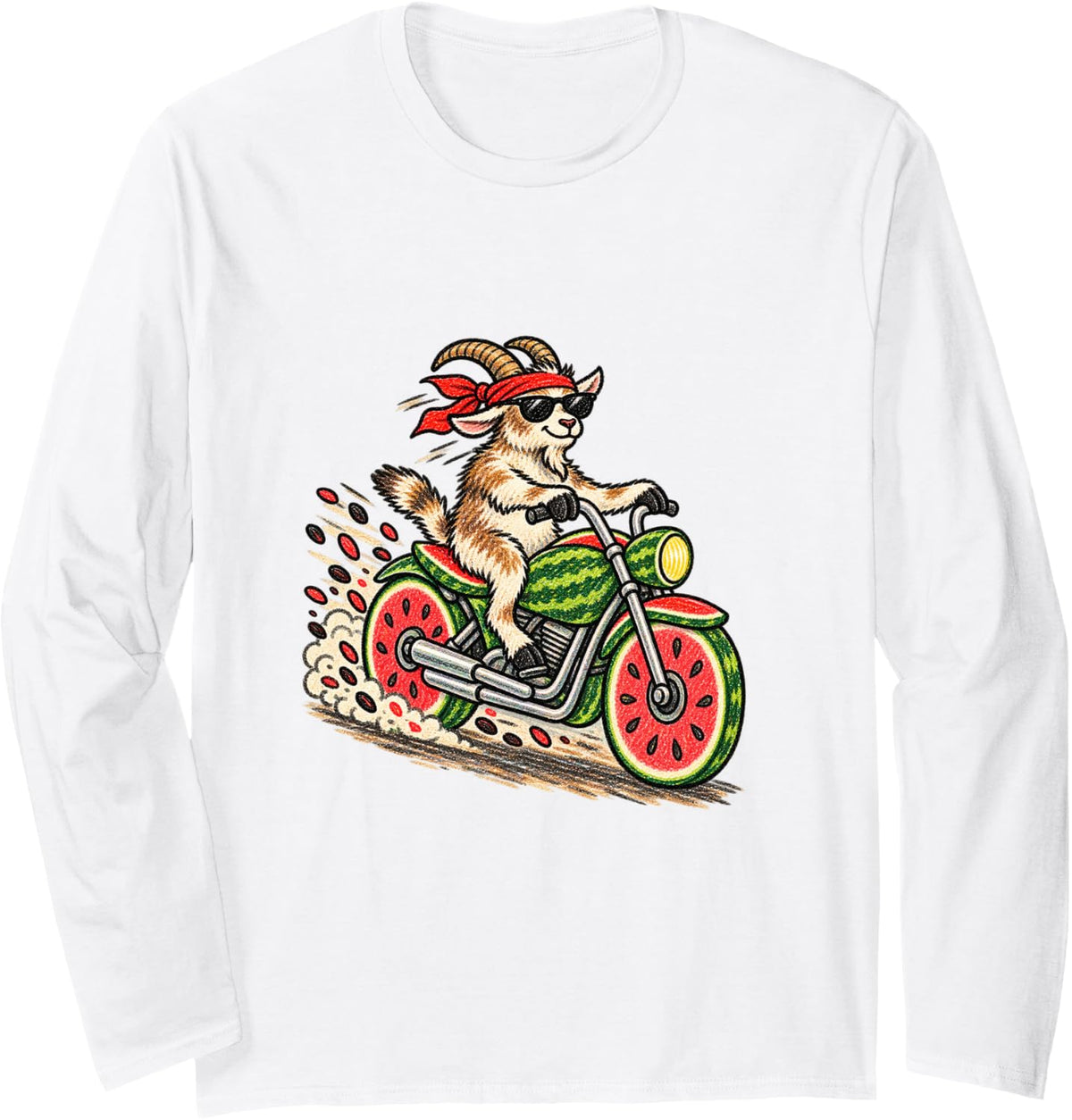 Goat Riding Watermelon Motorcycle Funny Animal Meme Long Sleeve T-Shirt - Adult Unisex White