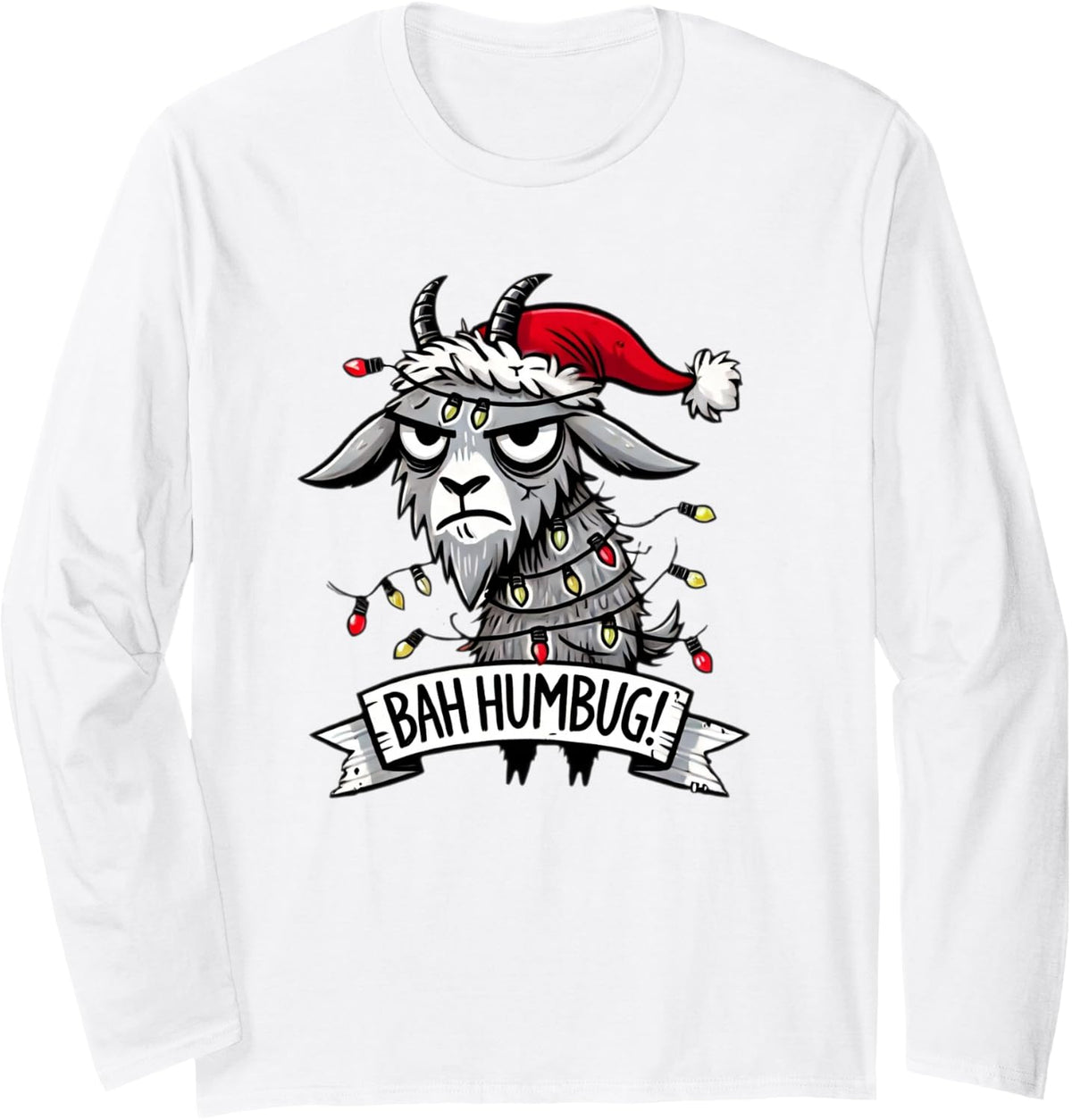 Bah Humbug Christmas Grumpy Goat Funny Holiday Long Sleeve T-Shirt - Adult Unisex White