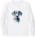 Artistic Watercolor Portrait of Great Dane, Blue Merle Breed Long Sleeve T-Shirt - Adult Unisex White