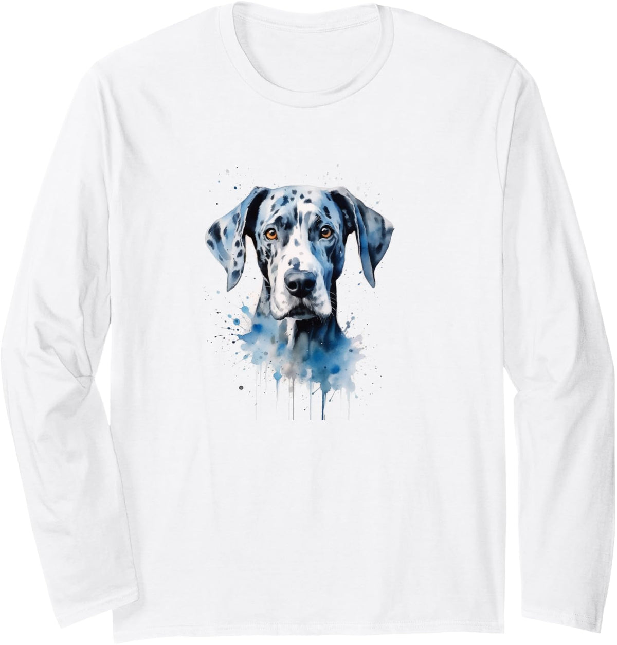 Artistic Watercolor Portrait of Great Dane, Blue Merle Breed Long Sleeve T-Shirt - Adult Unisex White