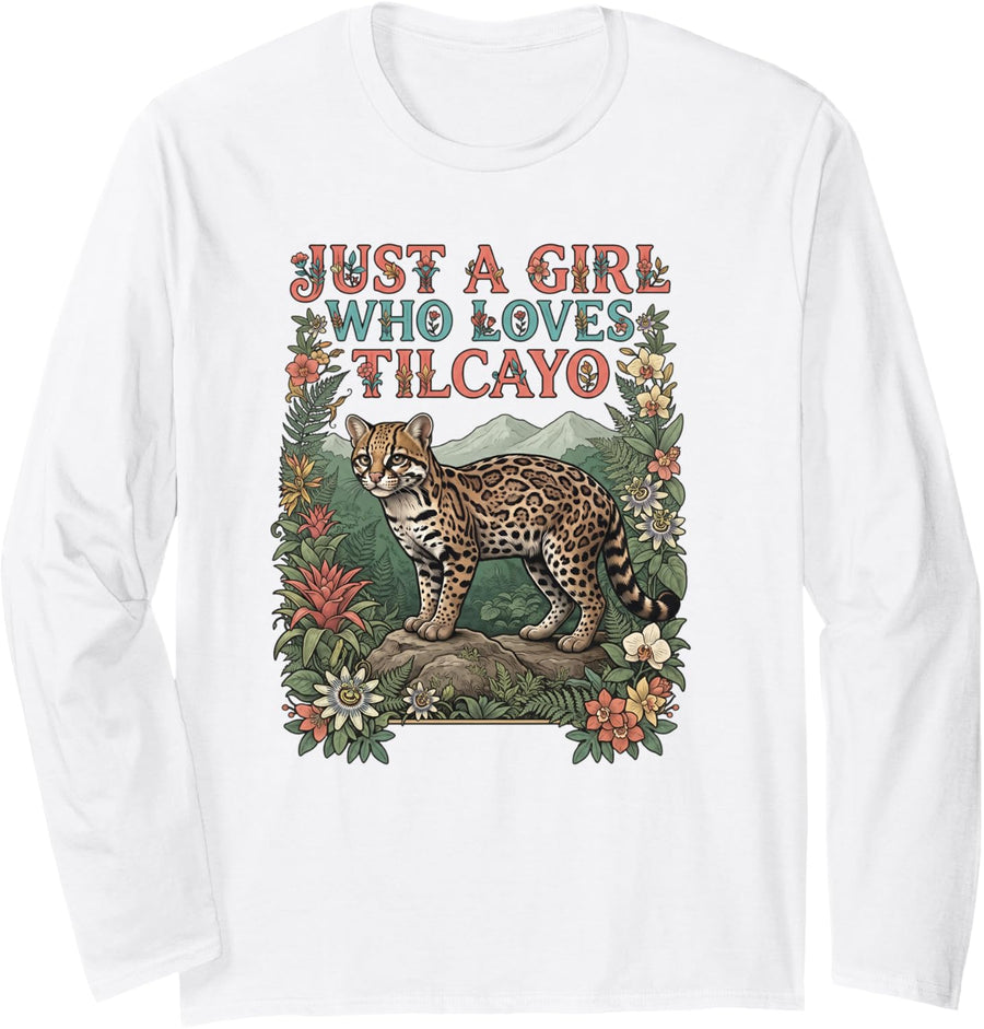 Girl Who Loves Cat Lover Wildlife Leopardus Tilcayo Cat Long Sleeve T-Shirt - Adult Unisex White