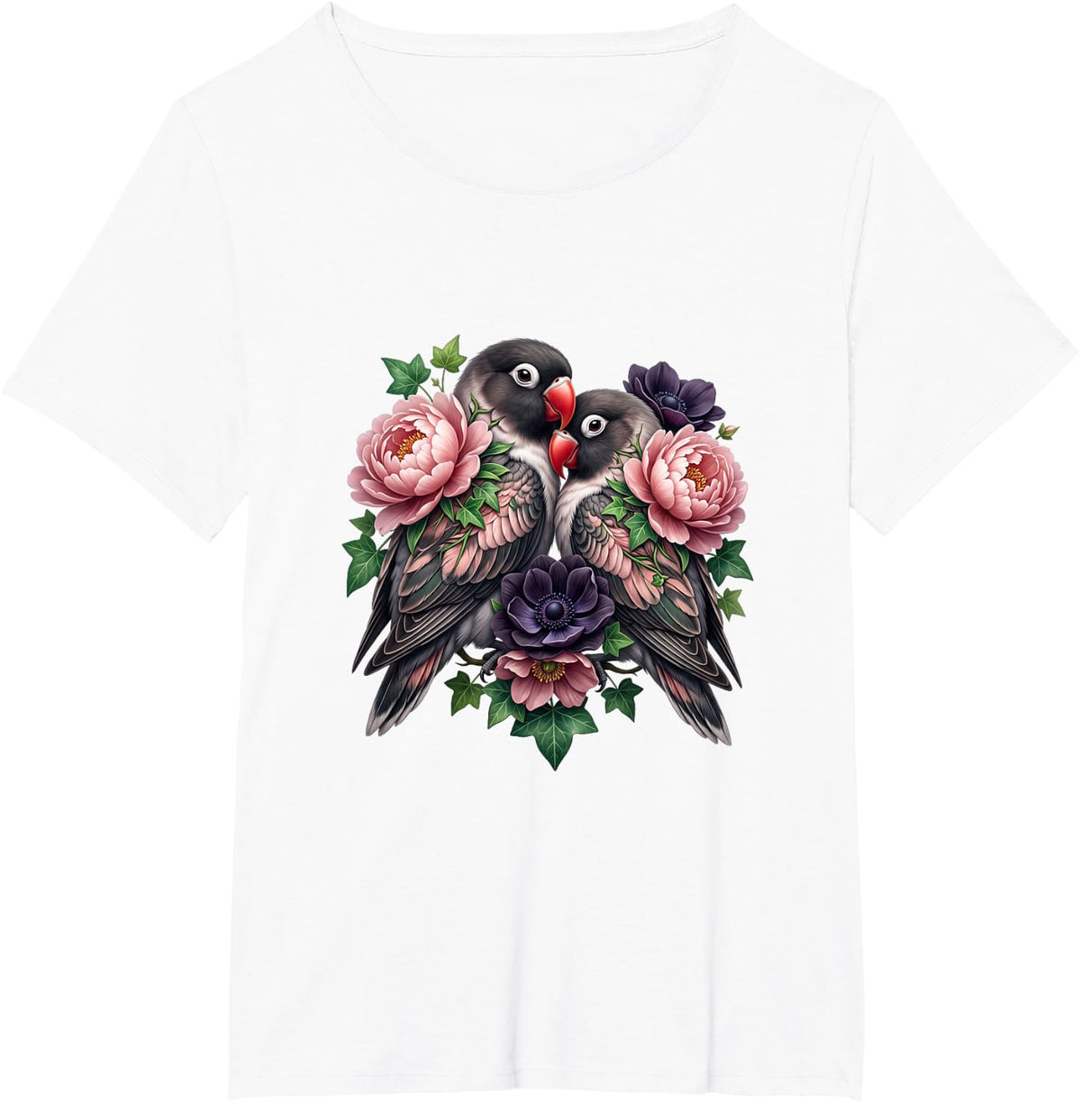 Two Lovebirds with Pink Peonies T-Shirt - White