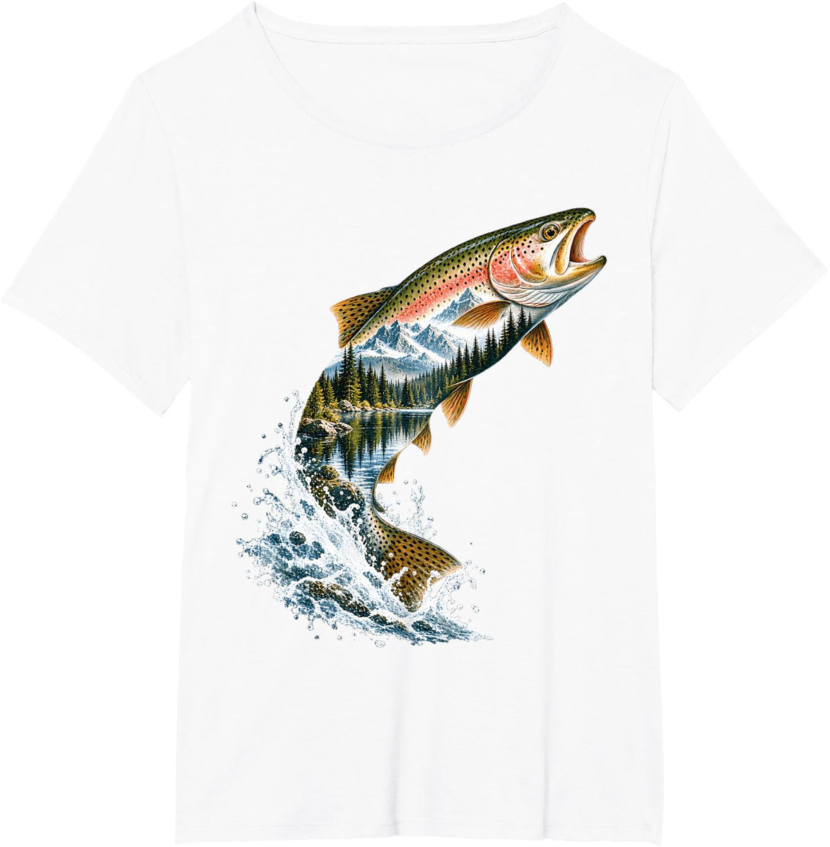 Leaping Rainbow Trout with Mountain Forest T-Shirt - White
