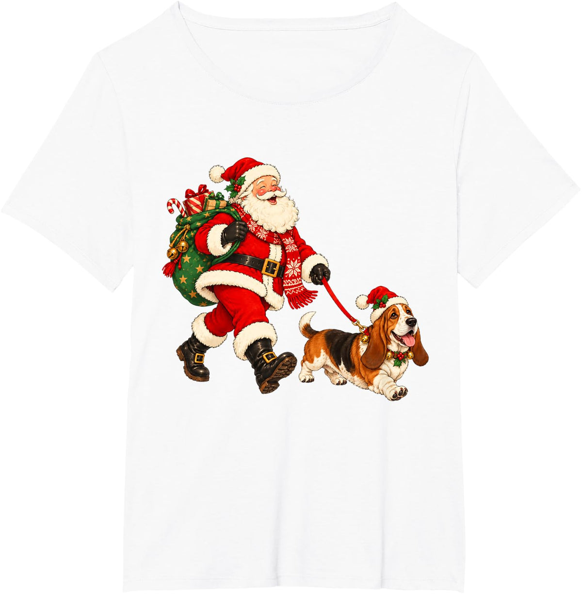 Basset Hound Christmas Dog Walking with Santa Holiday Dog T-Shirt - White