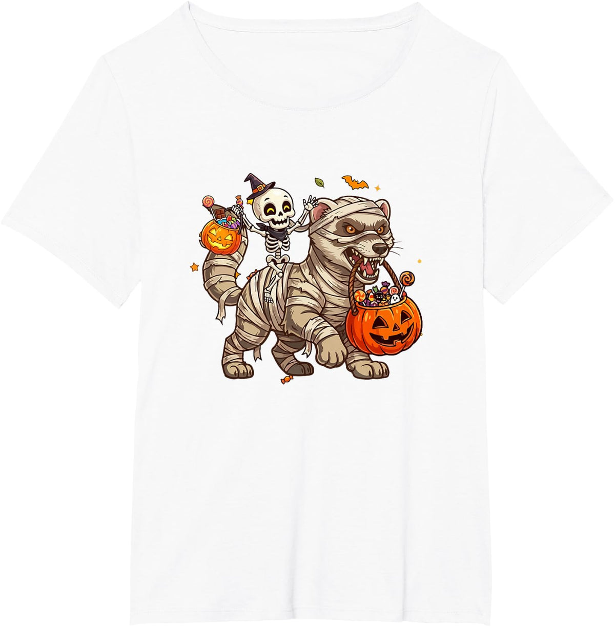 Skeleton Riding Ferret As Mummy Halloween Candies Basket T-Shirt - White
