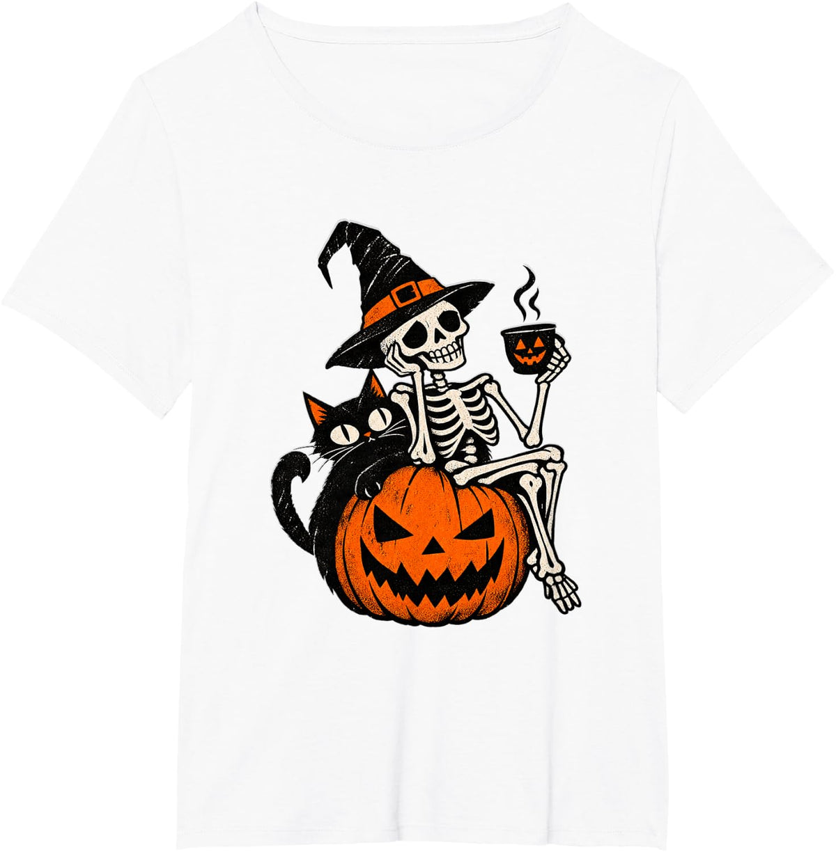 Spooky Crazy Dark Cat Pumpkin Halloween Art Vintage T-Shirt - White