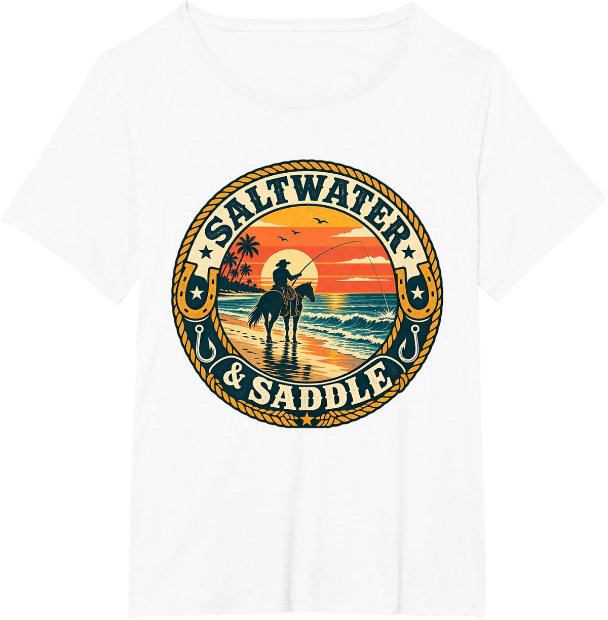 Vintage Saltwater & Saddle Cowboy Beach Graphic T-Shirt - White