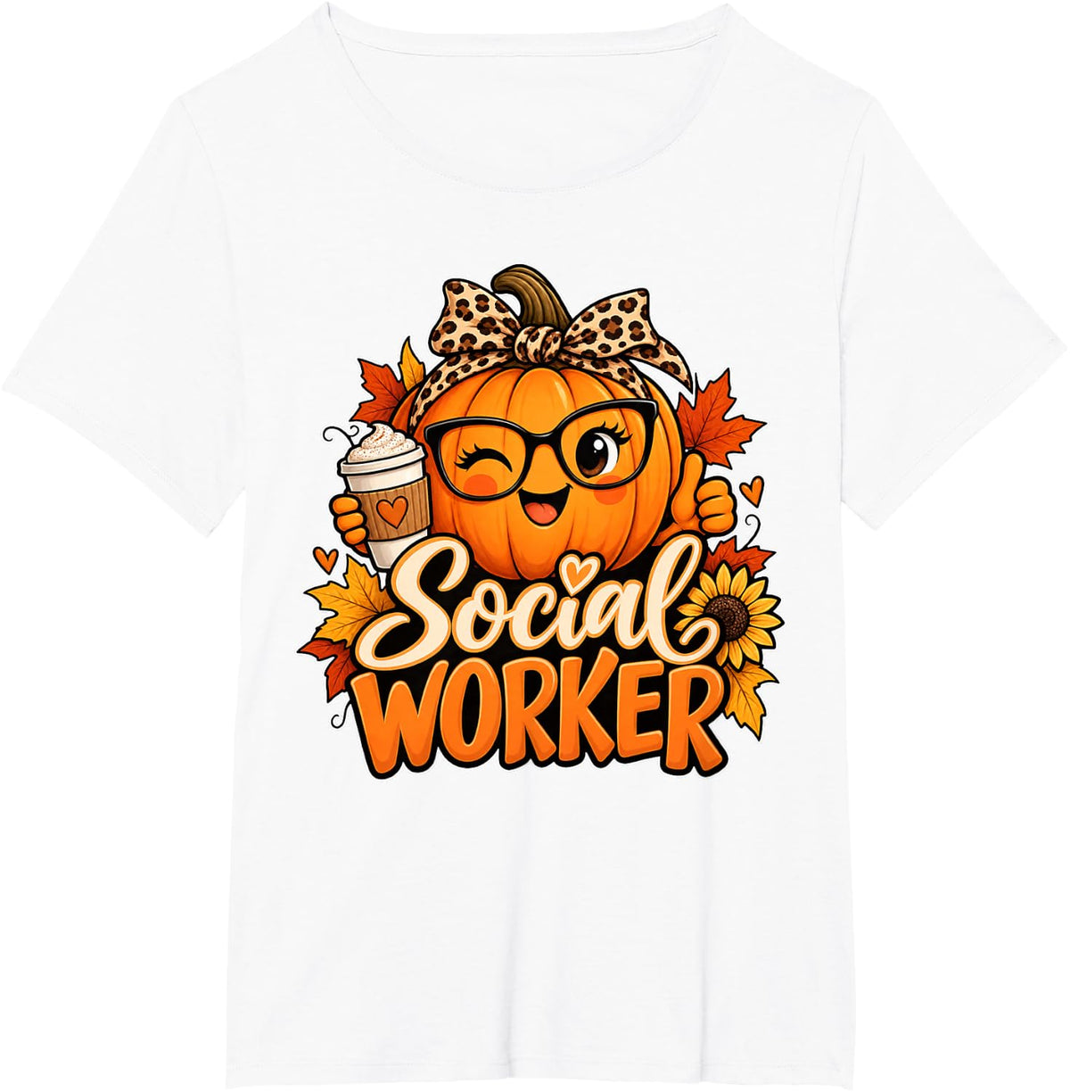 Social Worker Pumpkin Coffee Leopard Bow Autumn Fall Art T-Shirt - White
