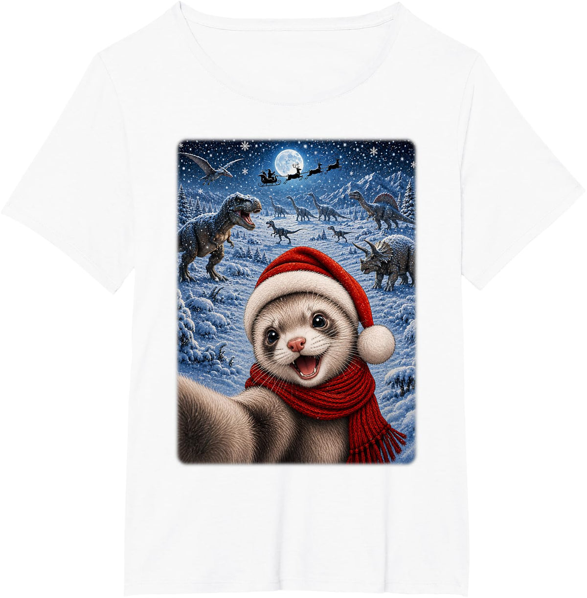 Xmas Dinosaurs Moon Night Starry Themed Ferret Christmas T-Shirt - White