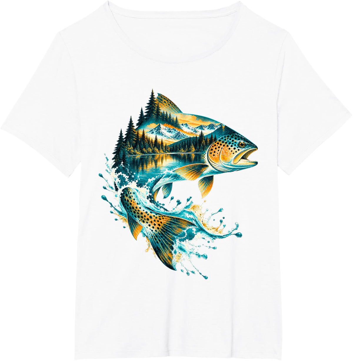 Leaping Trout with Mountain Lake Scene T-Shirt - White