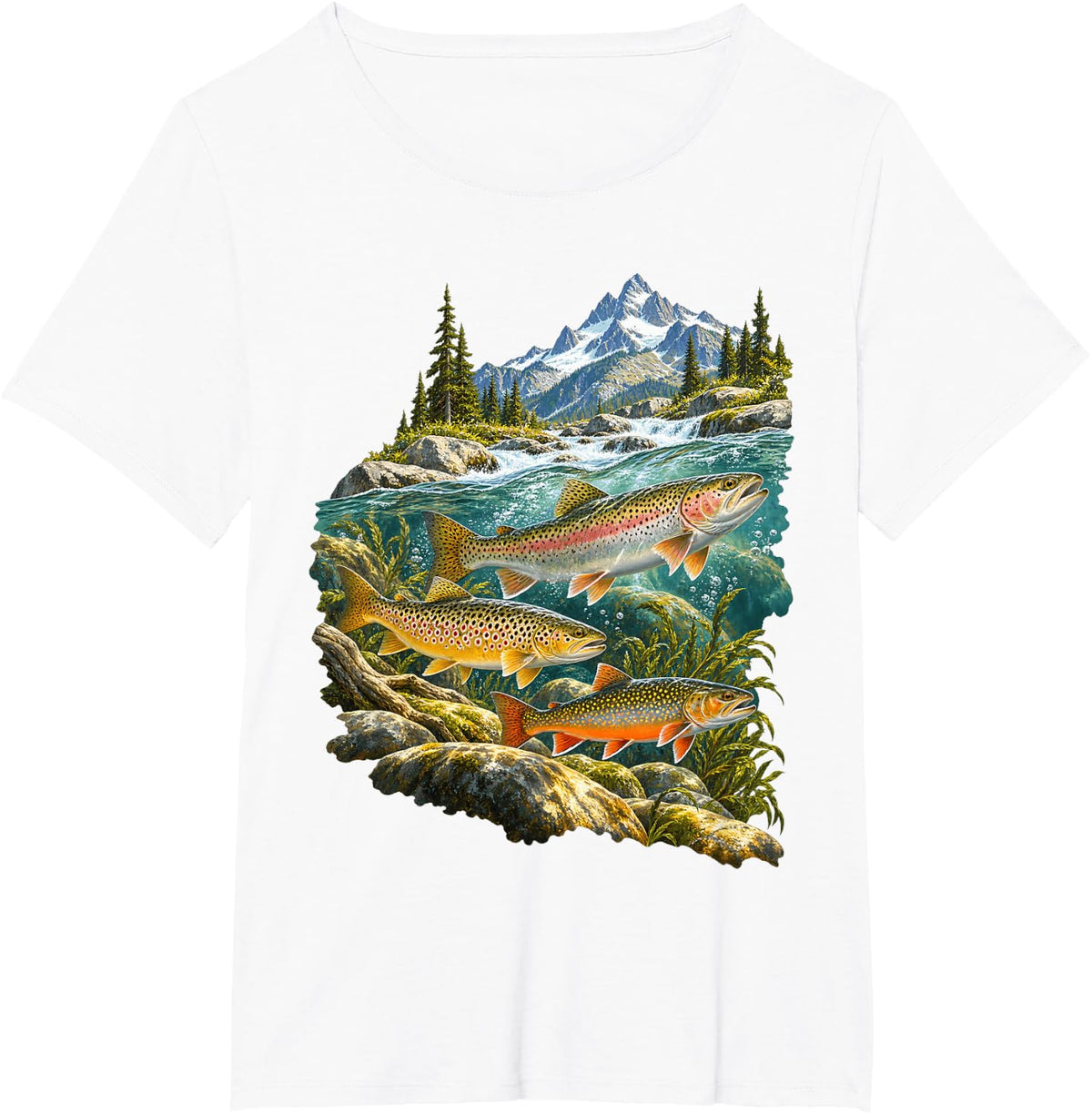 Trout Family in Mountain Stream T-Shirt - White