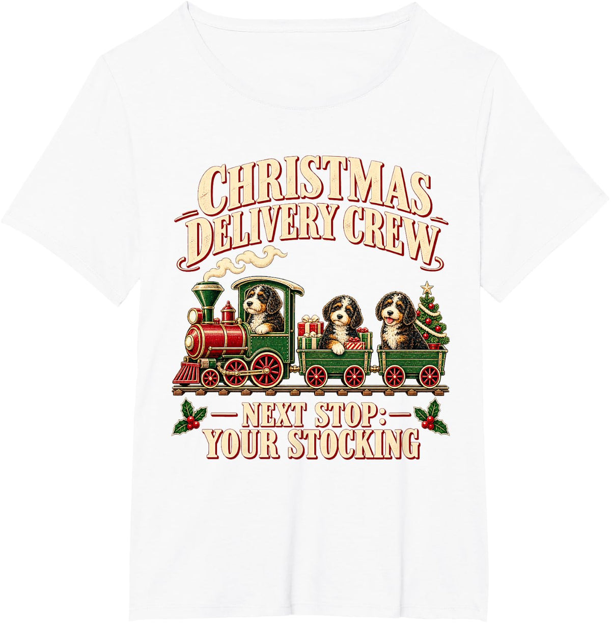 Bernedoodle Dog Retro Christmas Train T-Shirt - White