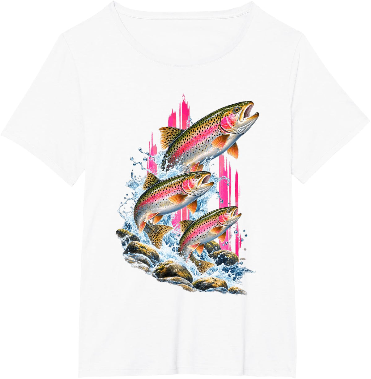 Three Trout Leaping Over Rocky River T-Shirt - White